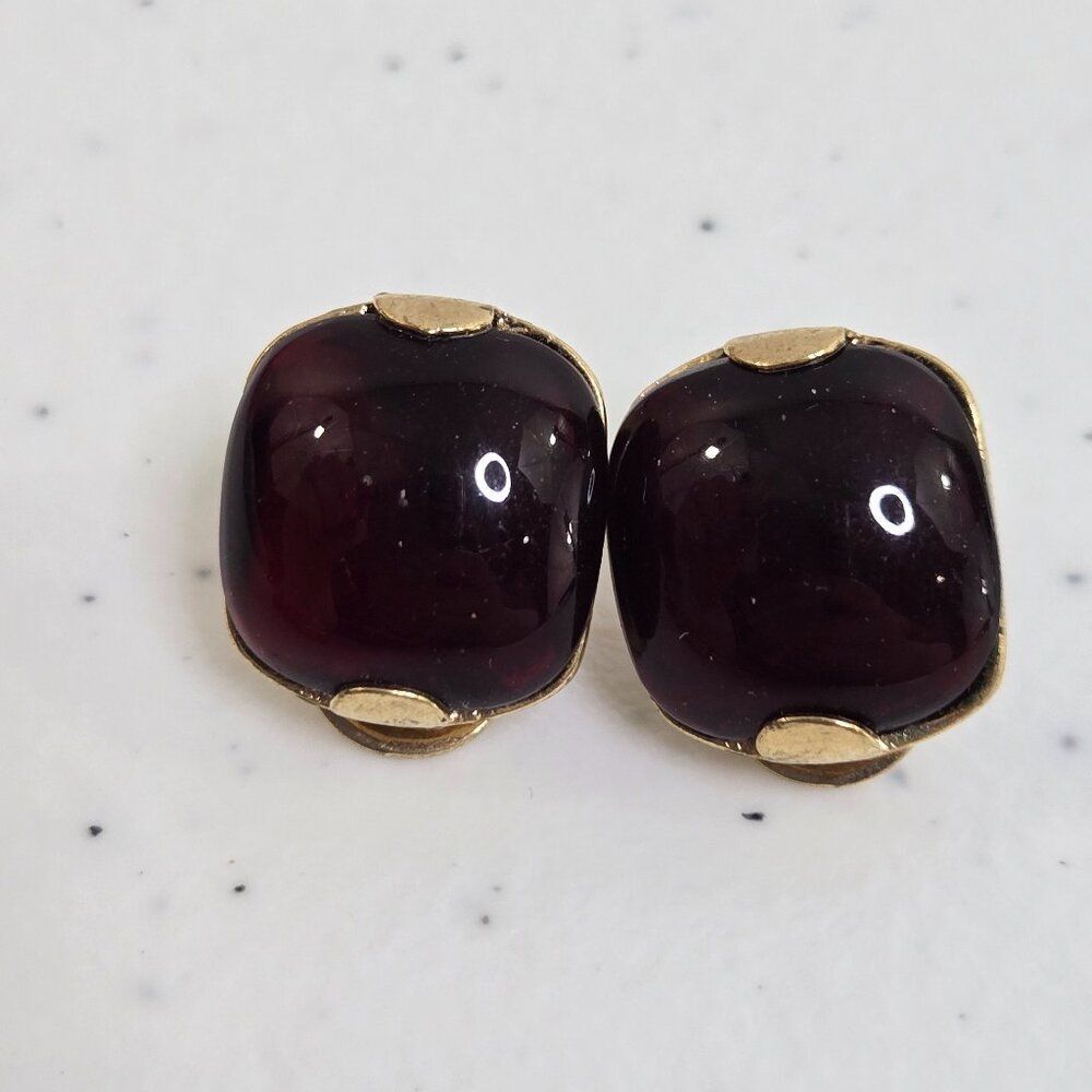 Monet Dark Red Lucite Mid Century Vintage Clip on Earrings Gold Tone Purple